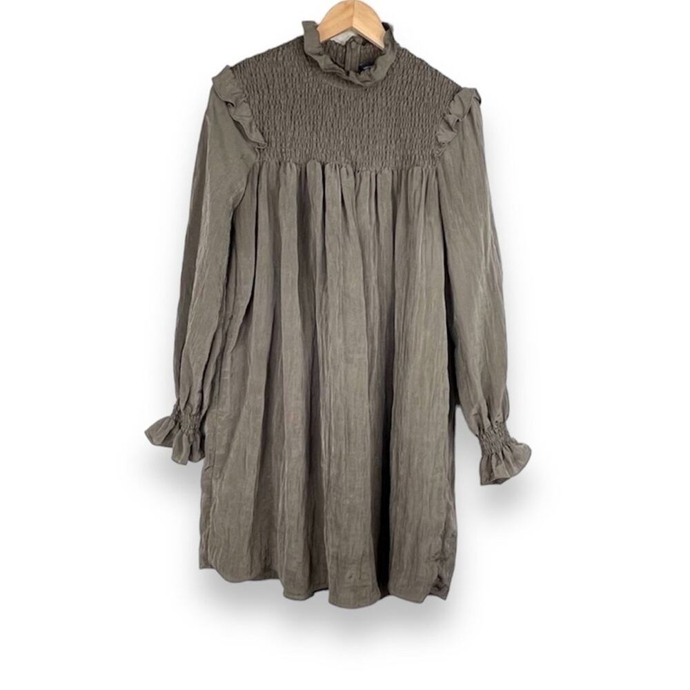 French Connection brown smocked high neck long blouson sleeve mini dress M - Picture 2 of 8
